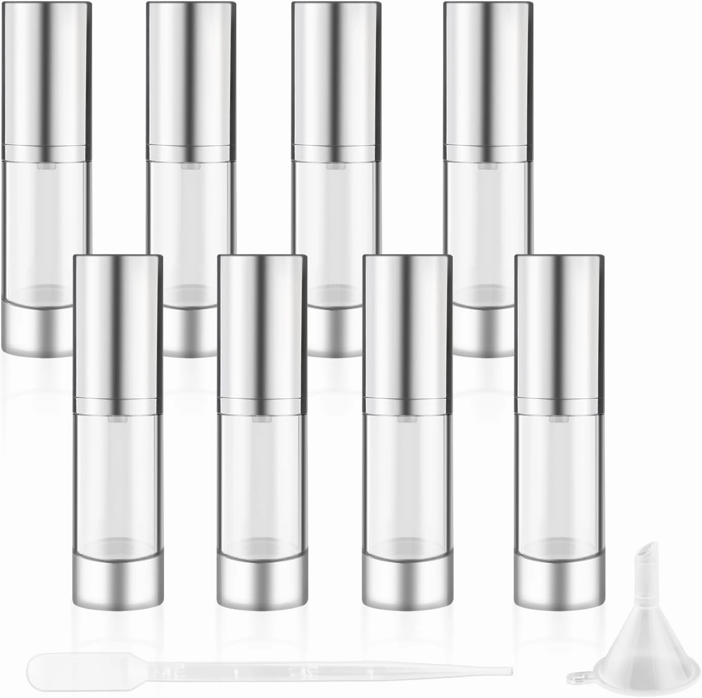 30ml/1oz Empty Airless Pump Bottles with Silver Pump Head 8 Pcs Plastic Vacuum Bottle Refillable Cosmetic Containers for Lotion Cream Foundation,1Funnel & 1 Pipette