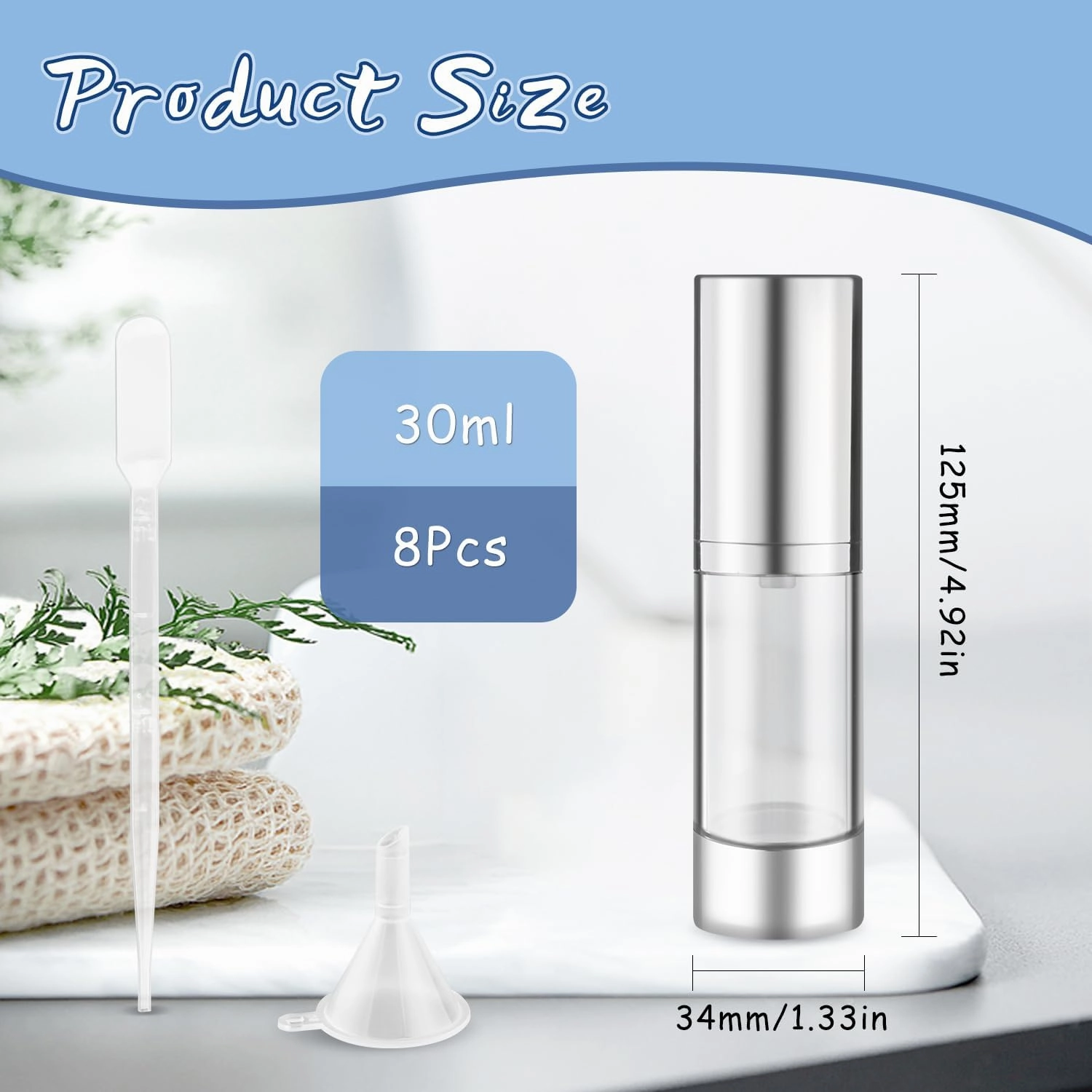 30ml/1oz Empty Airless Pump Bottles with Silver Pump Head 8 Pcs Plastic Vacuum Bottle Refillable Cosmetic Containers for Lotion Cream Foundation,1Funnel & 1 Pipette