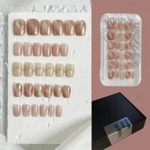30PCS Handmade Press on Nails – Short Square Nude Smoky Marble with Gold Foil, No Size Measuring Needed, Reusable Japanese Gel False Nails with Glue & Tools, Elegant Gift Set for Women and Girls