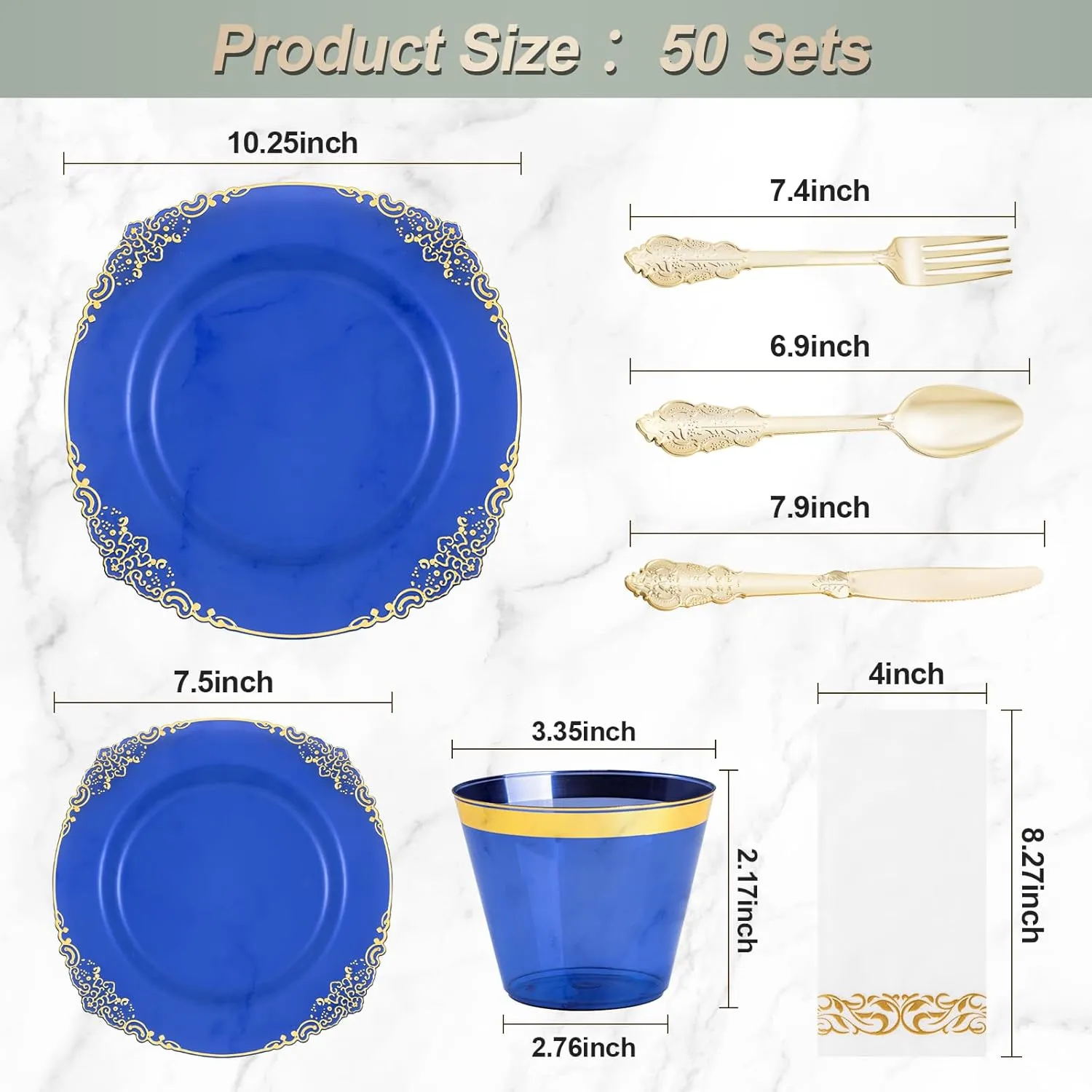 350PCS Clear Blue Plastic Plates for 50 Guests, Disposable Plates with Gold Trim include 50 Dinner and Dessert Plates, 150 Gold Silverware, 50 Cups, 50 Napkins for Party, Wedding & Graduation
