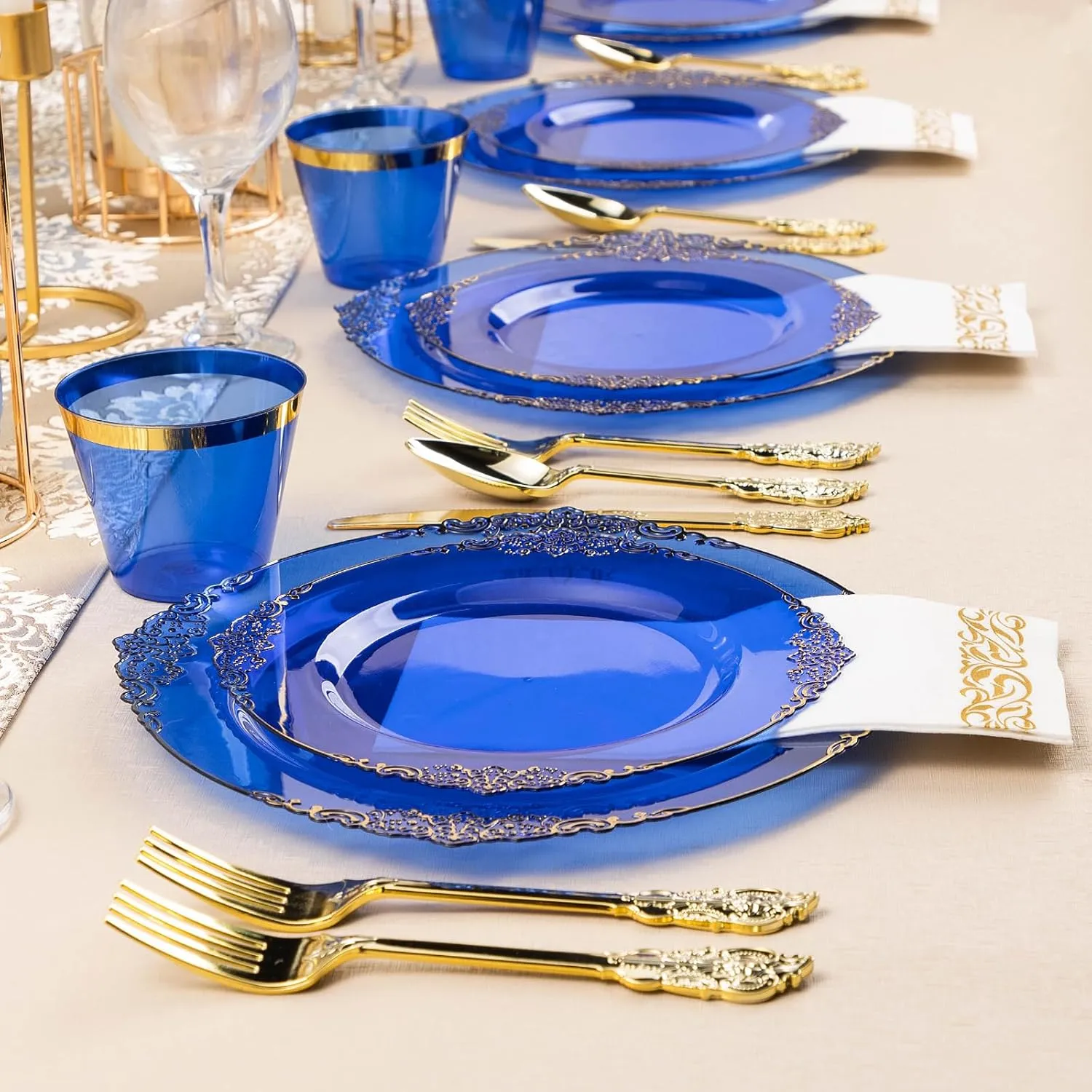 350PCS Clear Blue Plastic Plates for 50 Guests, Disposable Plates with Gold Trim include 50 Dinner and Dessert Plates, 150 Gold Silverware, 50 Cups, 50 Napkins for Party, Wedding & Graduation