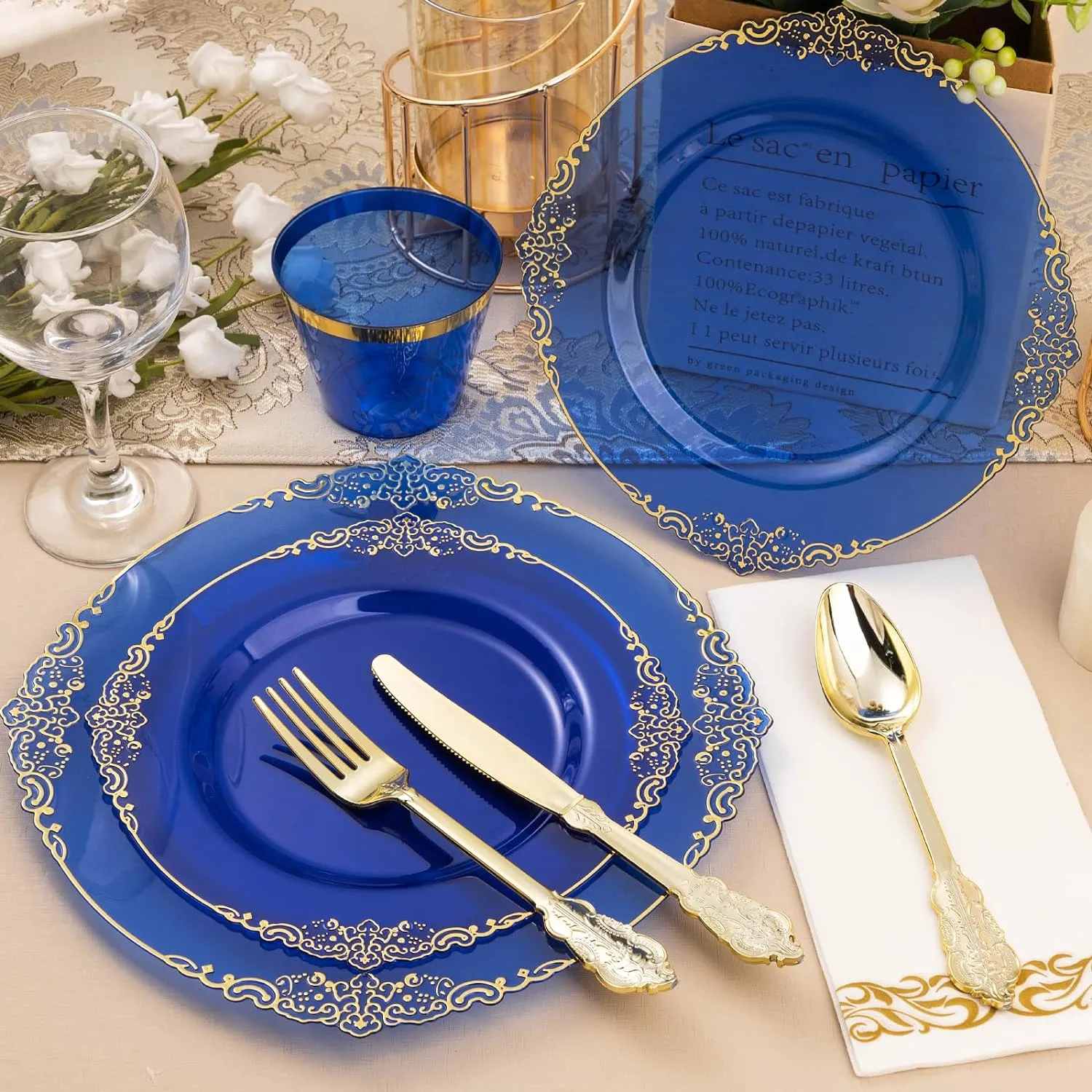 350PCS Clear Blue Plastic Plates for 50 Guests, Disposable Plates with Gold Trim include 50 Dinner and Dessert Plates, 150 Gold Silverware, 50 Cups, 50 Napkins for Party, Wedding & Graduation