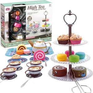 39 Piece Princess Tea Party Set for Little Girls , Afternoon Tin Metal Tea Set with 3 Tier Party Cake Stand, Vintage Design, Play Food Dessert Accessories, Teapot, Saucers, and Tea Cups for Kids
