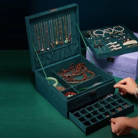 3-Layer Velvet Jewelry Box Organizer with Key Lock for Necklaces, Rings, Bracelets, Earrings, and Watches - Elegant Storage for Women