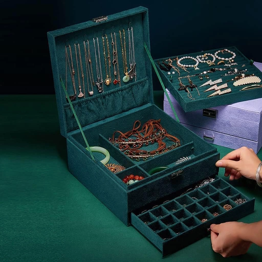 3-Layer Velvet Jewelry Box Organizer with Key Lock for Necklaces, Rings, Bracelets, Earrings, and Watches - Elegant Storage for Women