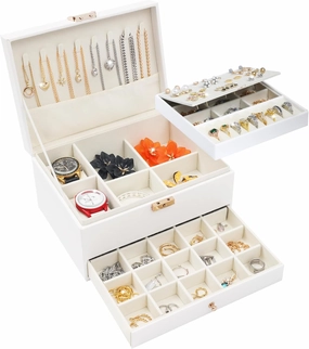 3 Layers Jewelry Box, White Jewelry Boxes for Women with Drawer, Jewelry Organizers and Storage for Earring, Ring, Necklace, Bracelets, Watch, Lockable Jewelery Organizer Lover Gifts for Women