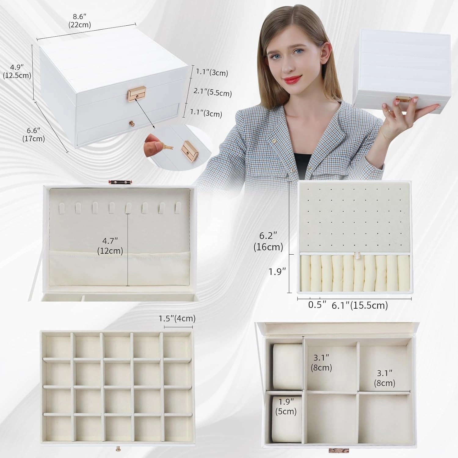 3 Layers Jewelry Box, White Jewelry Boxes for Women with Drawer, Jewelry Organizers and Storage for Earring, Ring, Necklace, Bracelets, Watch, Lockable Jewelery Organizer Lover Gifts for Women