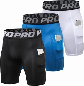 3 Pack Compression Shorts Men with Pocket Cool Dry Spandex Athletic Shorts Biker Running Tights Underwear