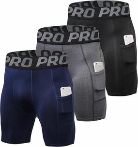 3 Pack Compression Shorts Men with Pocket Cool Dry Spandex Athletic Shorts Biker Running Tights Underwear