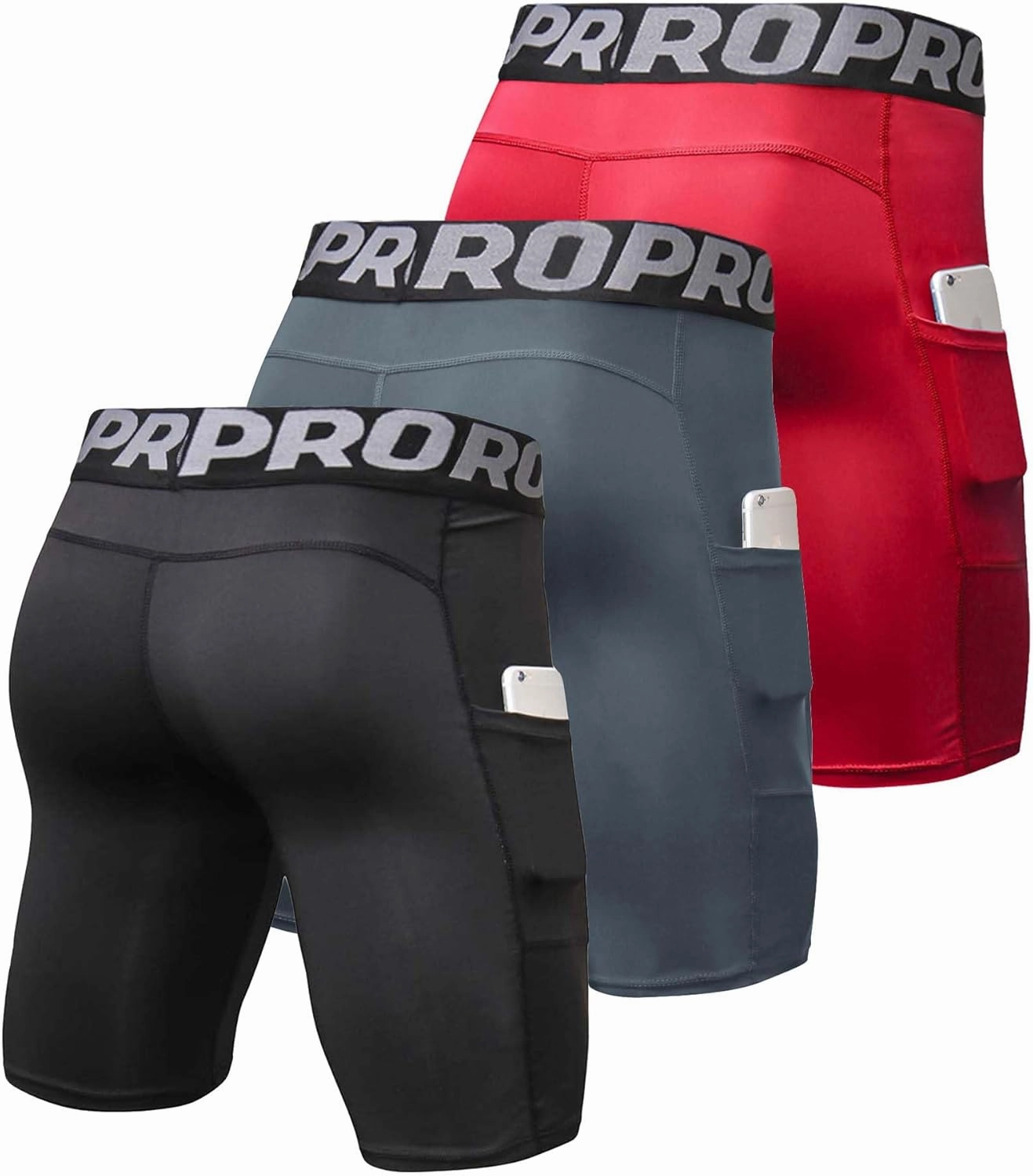 3 Pack Compression Shorts Men with Pocket Cool Dry Spandex Athletic Shorts Biker Running Tights Underwear