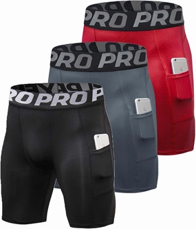 3 Pack Compression Shorts Men with Pocket Cool Dry Spandex Athletic Shorts Biker Running Tights Underwear