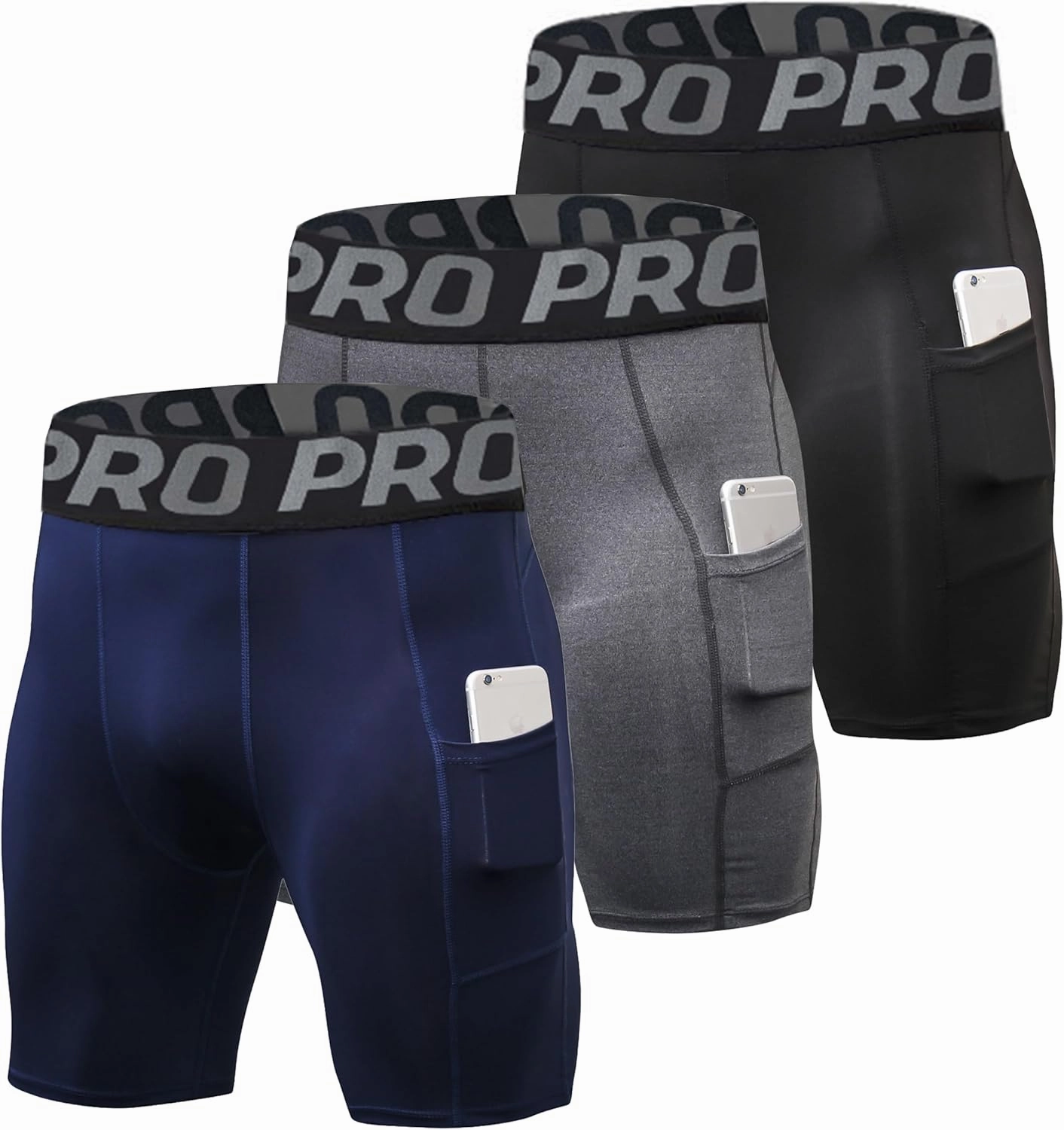 3 Pack Compression Shorts Men with Pocket Cool Dry Spandex Athletic Shorts Biker Running Tights Underwear