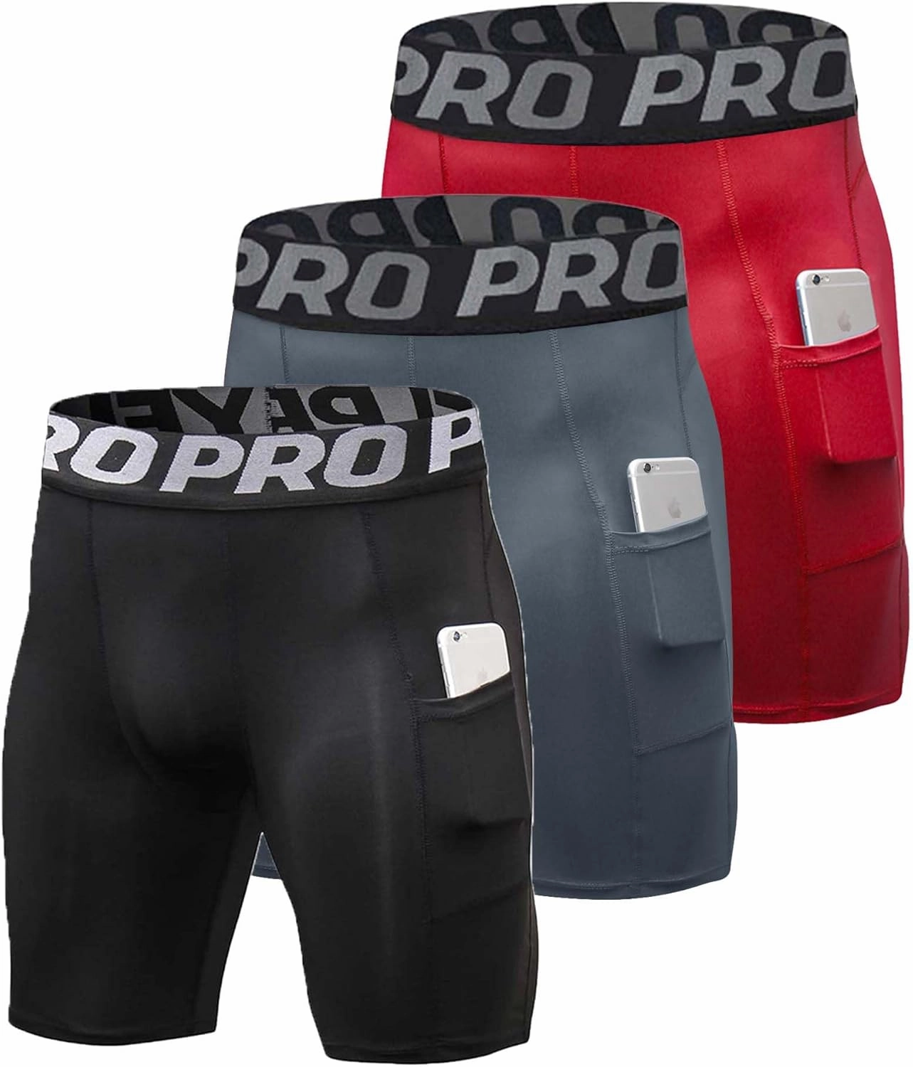 3 Pack Compression Shorts Men with Pocket Cool Dry Spandex Athletic Shorts Biker Running Tights Underwear