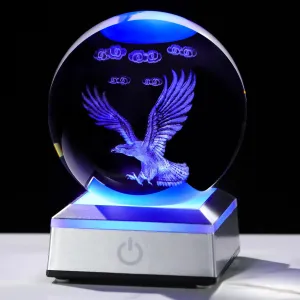 3D Laser-Engraved Eagle Crystal Ball Figurine Gifts with Colorful LED Base - 3.15" K9 Crystal Eagle Statue Paperweight Glass Bald Eagle Decor for Office Desk Light Eagles Gifts for Men Women Dad