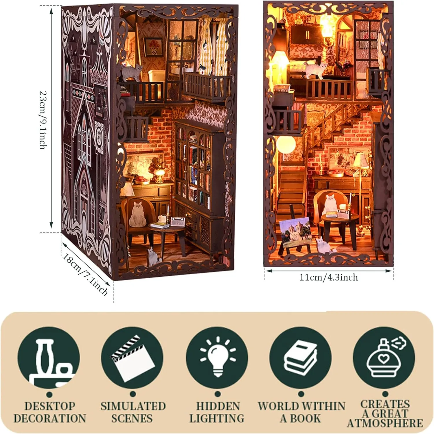 3D Wooden Puzzle Bookends, 2025 New DIY Book Nook Kit, Magic Book House Model Building Kit Insert Decor with Sensor Light, Stand Bookshelf for Home Decorative Books Ornaments (New Secret Castle)