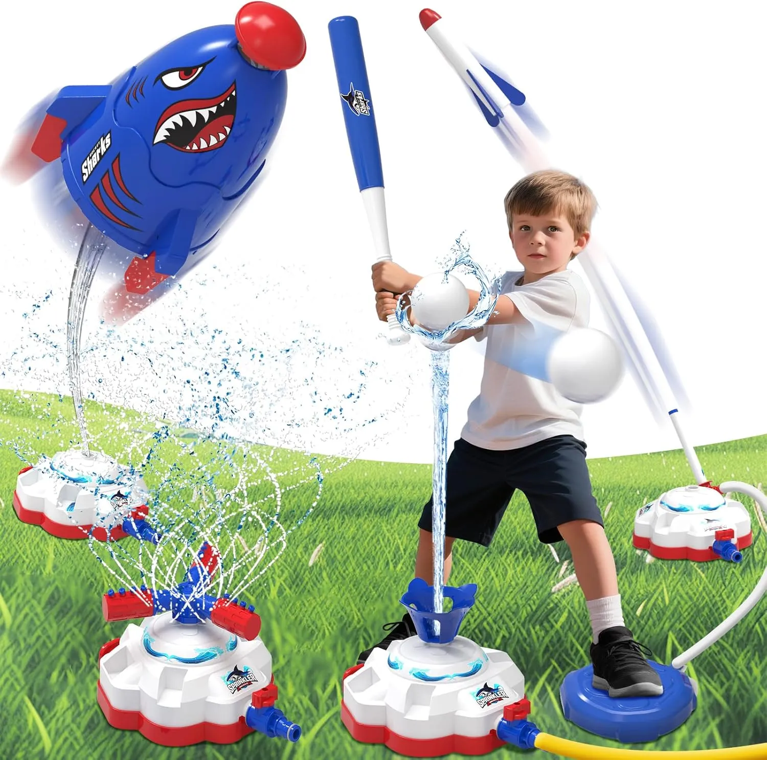 4-in-1 Water Sprinkler Baseball Toy for Kids, Outdoor Water Rocket Sprinkler Launch Toys for Yard, 4 Baseballs & Rocket Launcher Outside Lawn Pool Summer Game Gifts for Boys Girls Ages 3-8 8-12 (Blue)