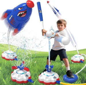 4-in-1 Water Sprinkler Baseball Toy for Kids, Outdoor Water Rocket Sprinkler Launch Toys for Yard, 4 Baseballs & Rocket Launcher Outside Lawn Pool Summer Game Gifts for Boys Girls Ages 3-8 8-12 (Blue)