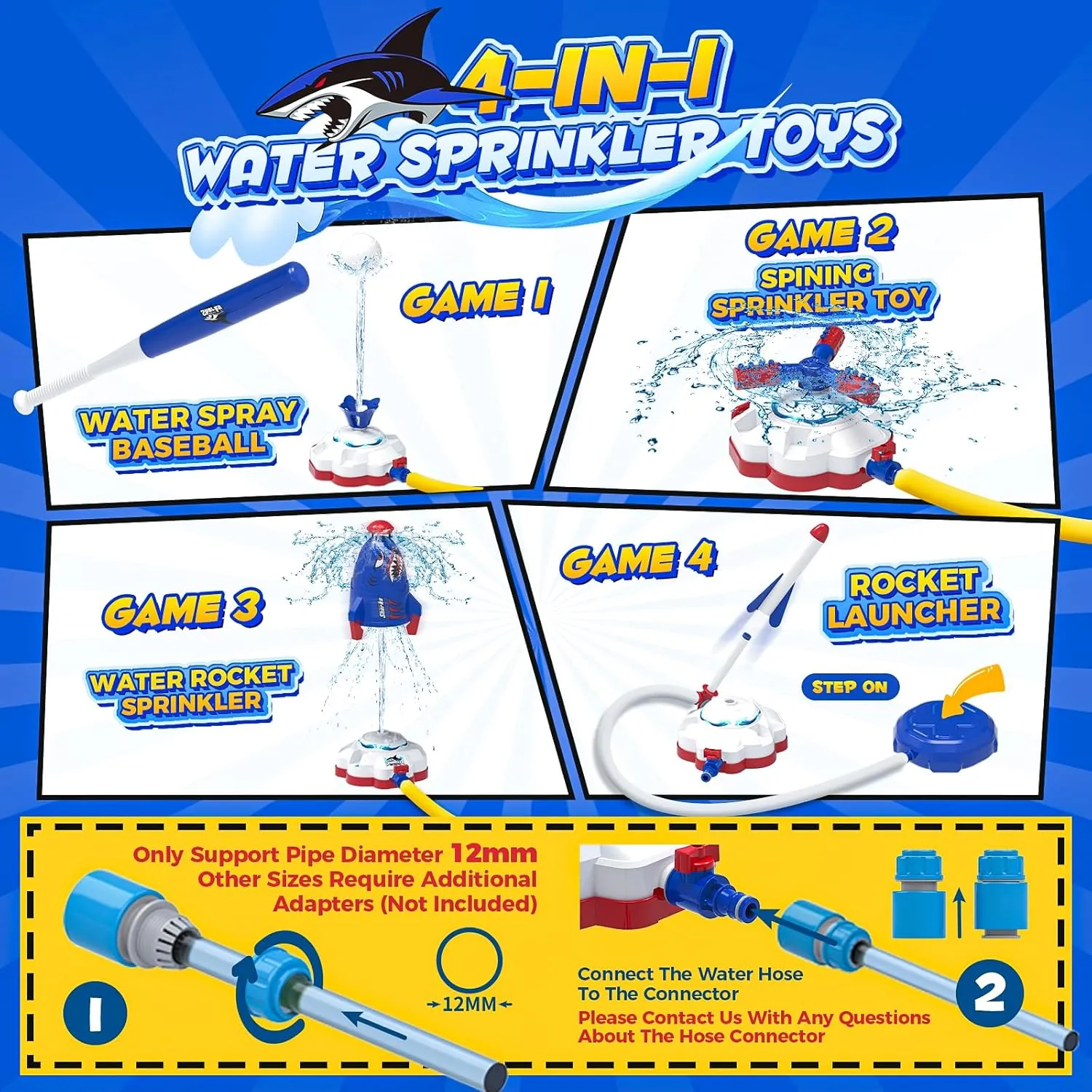 4-in-1 Water Sprinkler Baseball Toy for Kids, Outdoor Water Rocket Sprinkler Launch Toys for Yard, 4 Baseballs & Rocket Launcher Outside Lawn Pool Summer Game Gifts for Boys Girls Ages 3-8 8-12 (Blue)