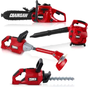 4 Pcs Toy Gardening Tool Set for Kids Toy Leaf Blower Lawn Trimmer Chainsaw Lawn Cutter Battery Pretend Play Set Christmas Party Gift for Boys Girls