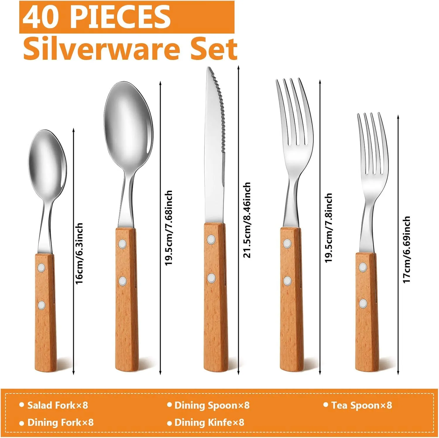 40 Pcs Wooden Handle Silverware Cutlery Set Walnut Handle 18/8 (304) Stainless Steel Cutlery Set Wooden Handle Knife Fork Spoon Reusable Utensils Serves for 8 (Wood Color)