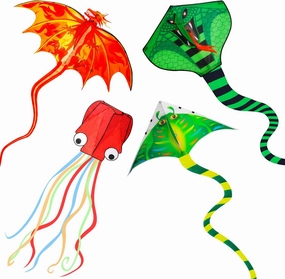 4 Pack Kites - Large Fire Dragon Kite Green Snake Devil Fish Red Mollusc Octopus with Long Colorful Tail for Kids Adults Outdoor Game Activities