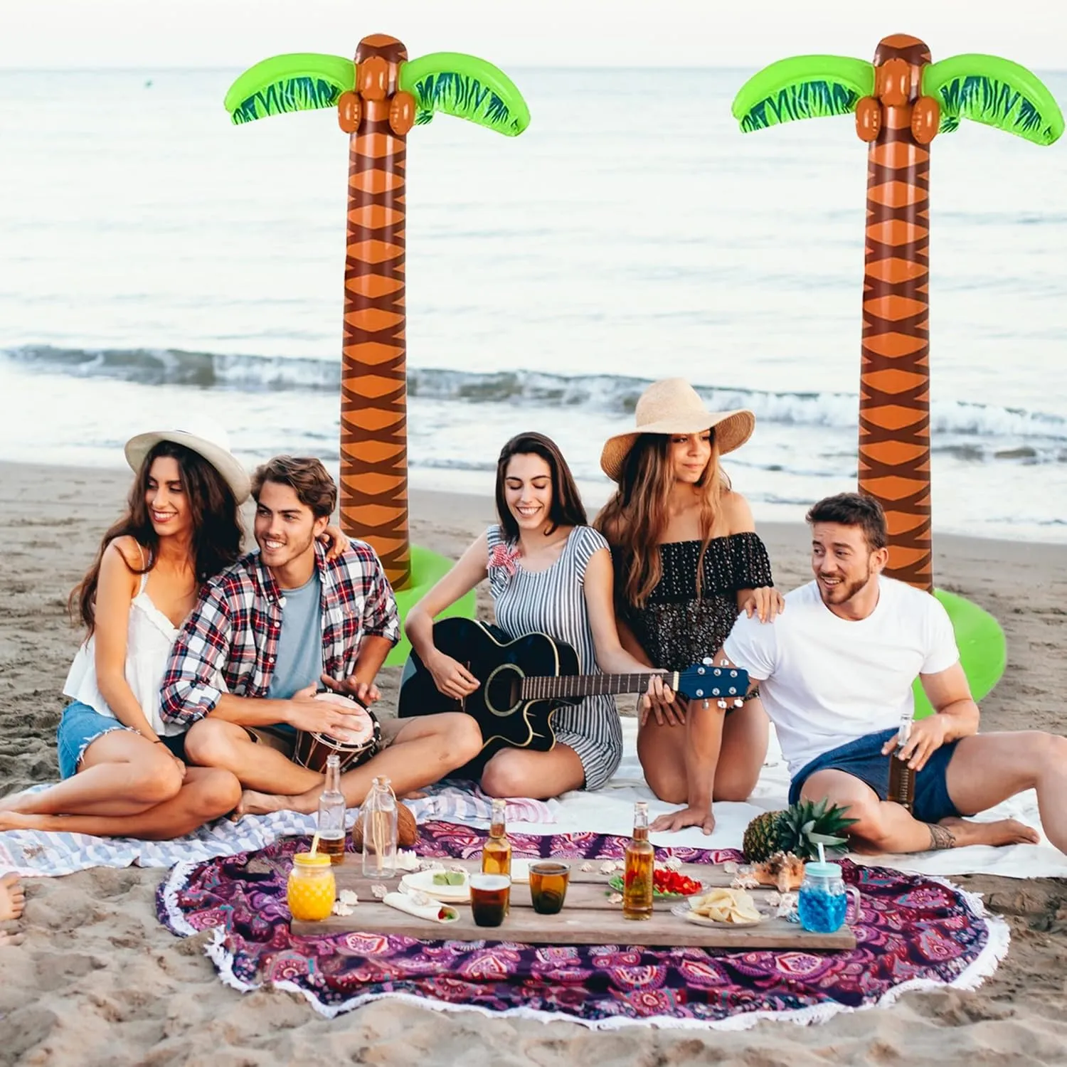 4E's Novelty 2 Pack Inflatable Palm Trees 5.5ft Tall - Luau Hawaiian Tropical Party Decorations for Adults & Kids, Summer Beach Theme Party Photo Prop Pool Decor, Moana Birthday Party Supplies
