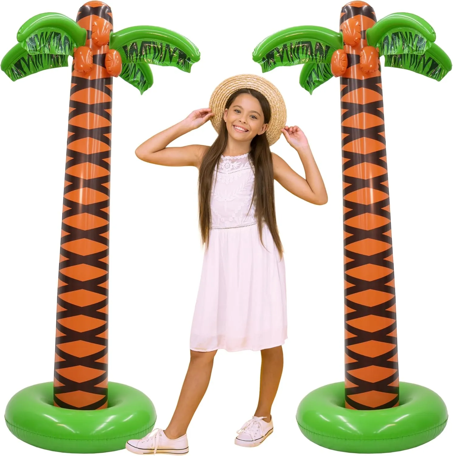 4E's Novelty 2 Pack Inflatable Palm Trees 5.5ft Tall - Luau Hawaiian Tropical Party Decorations for Adults & Kids, Summer Beach Theme Party Photo Prop Pool Decor, Moana Birthday Party Supplies