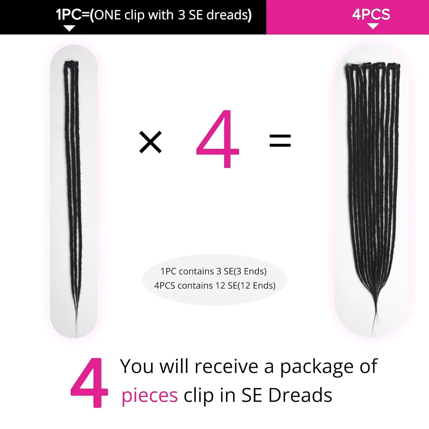 4PCS Synthetic Dreadlock Extensions Clip in 24 Inches, Crochet Braided Hair Extensions Clip in Dreads, Soft Synthetic Thin 0.6cm Width Dreadlocks(Natural Black, Clip-in 24''(12 Strands))