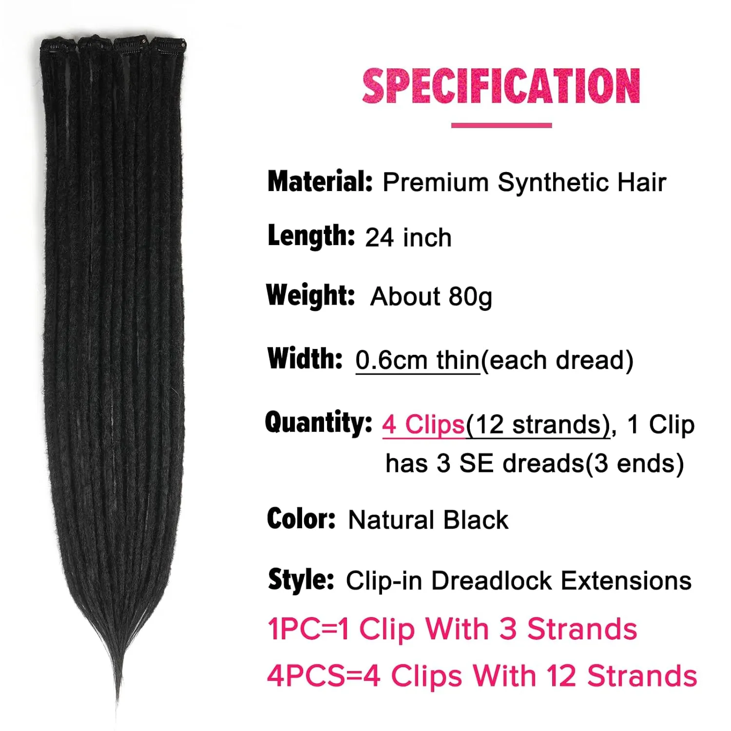 4PCS Synthetic Dreadlock Extensions Clip in 24 Inches, Crochet Braided Hair Extensions Clip in Dreads, Soft Synthetic Thin 0.6cm Width Dreadlocks(Natural Black, Clip-in 24''(12 Strands))