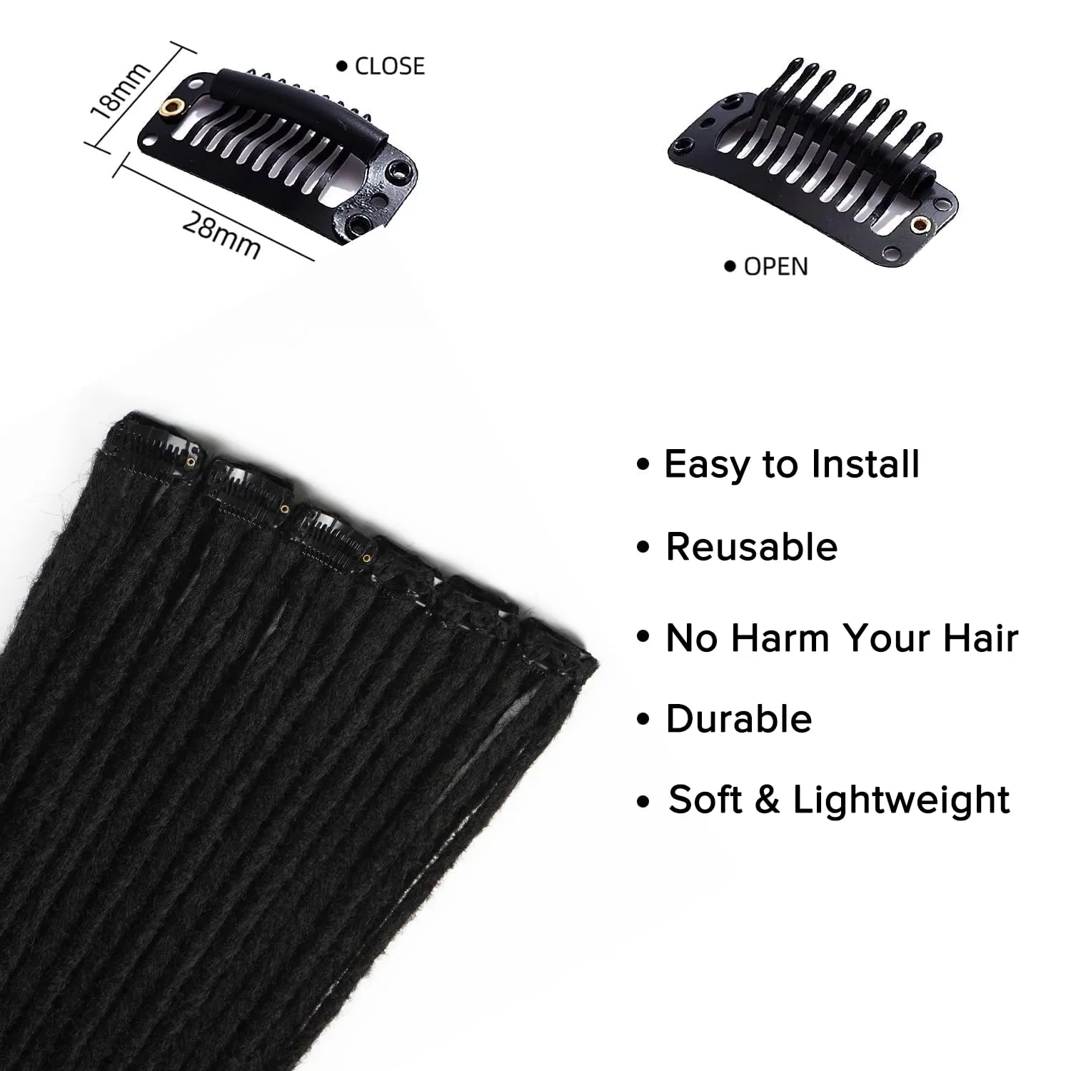 4PCS Synthetic Dreadlock Extensions Clip in 24 Inches, Crochet Braided Hair Extensions Clip in Dreads, Soft Synthetic Thin 0.6cm Width Dreadlocks(Natural Black, Clip-in 24''(12 Strands))