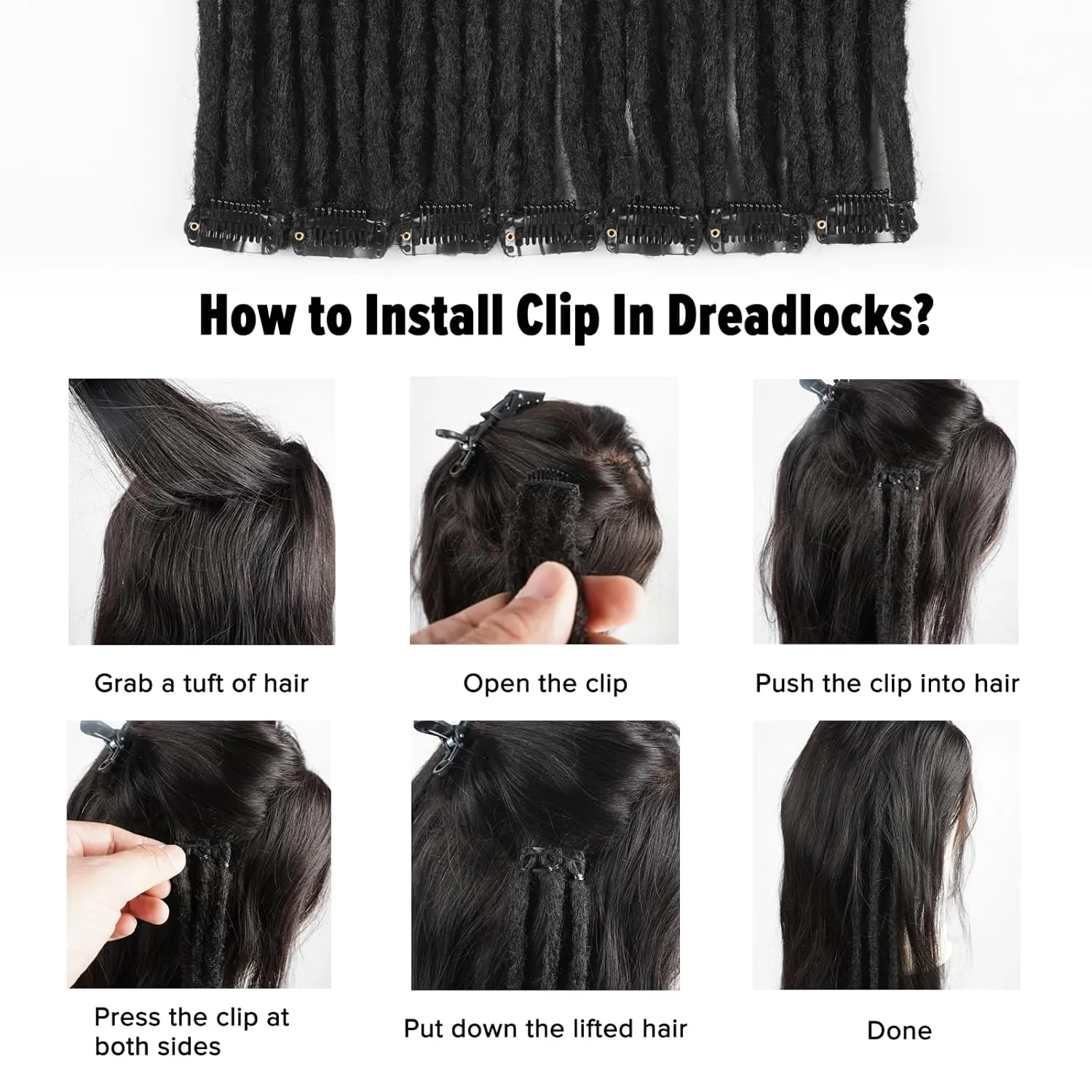 4PCS Synthetic Dreadlock Extensions Clip in 24 Inches, Crochet Braided Hair Extensions Clip in Dreads, Soft Synthetic Thin 0.6cm Width Dreadlocks(Natural Black, Clip-in 24''(12 Strands))