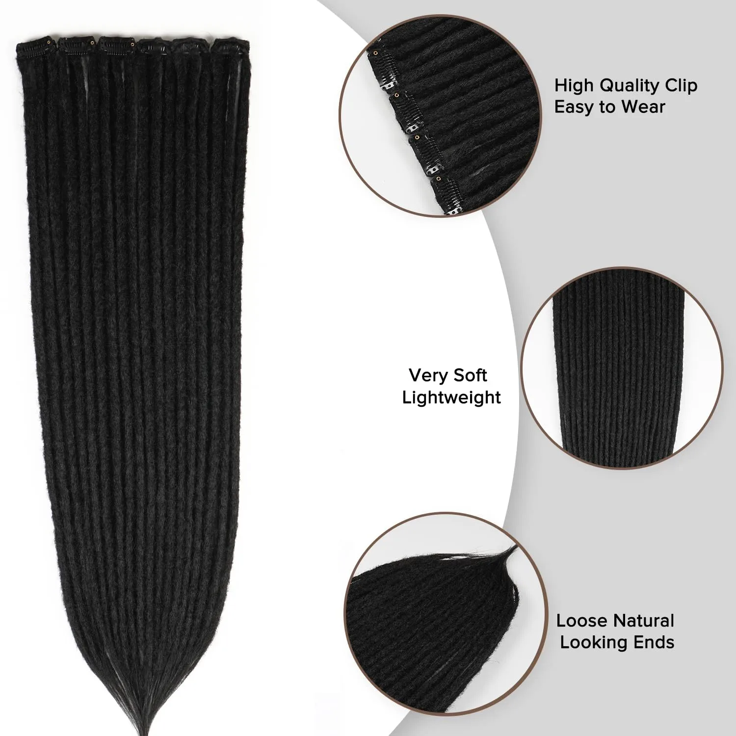 4PCS Synthetic Dreadlock Extensions Clip in 24 Inches, Crochet Braided Hair Extensions Clip in Dreads, Soft Synthetic Thin 0.6cm Width Dreadlocks(Natural Black, Clip-in 24''(12 Strands))