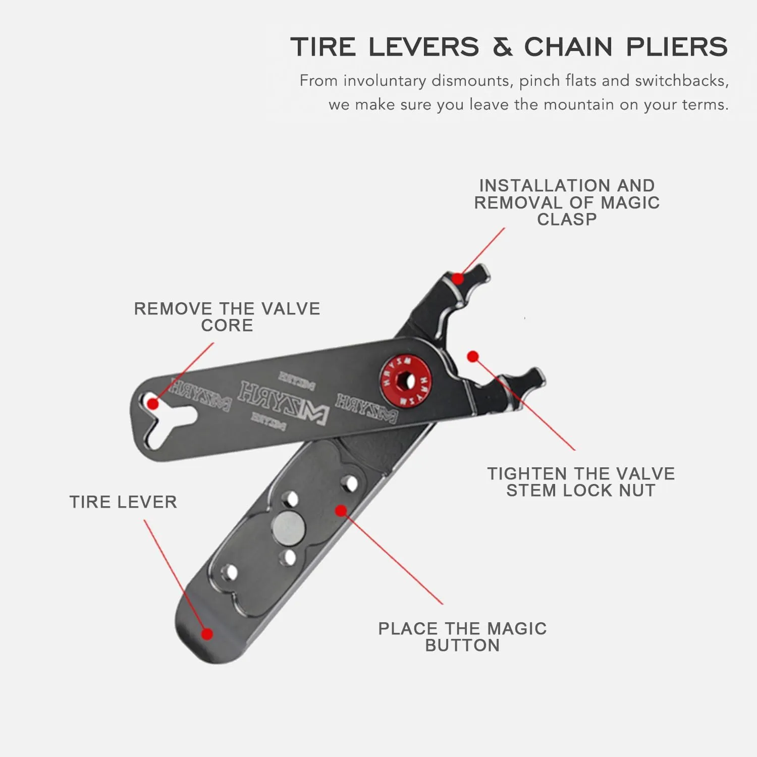 5 in 1 Multitool Bike Tool Combo Pliers Squeeze Bicycle Tire Levers Chain Pliers Valve Core Removal Integrated MTB Aluminum Alloy Anodized CNC-Machined Red