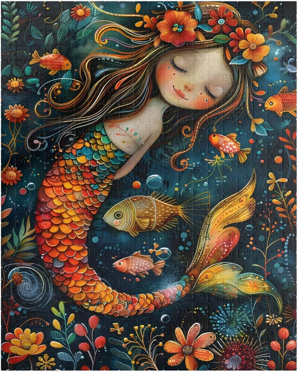500 Pieces Puzzle - Peaceful Young Mermaid Surrounded by Fish Jigsaw Puzzle. Tech-Free Activity Great for Hospital Patients