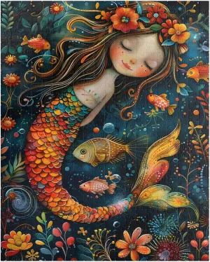 500 Pieces Puzzle - Peaceful Young Mermaid Surrounded by Fish Jigsaw Puzzle. Tech-Free Activity Great for Hospital Patients
