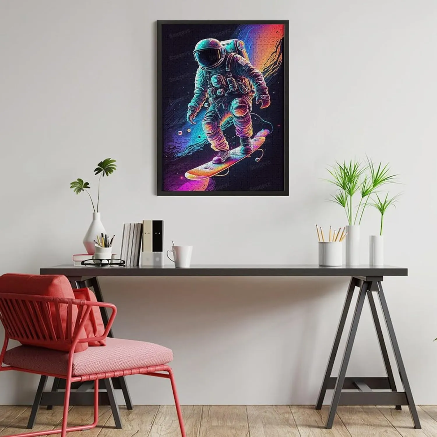 500 Pieces Skateboarding Astronaut Wooden Jigsaw Puzzle, Challenging and Fun Activity - Interesting and Warm Art Adult Puzzles - Modern Home Decor Ideal Gift
