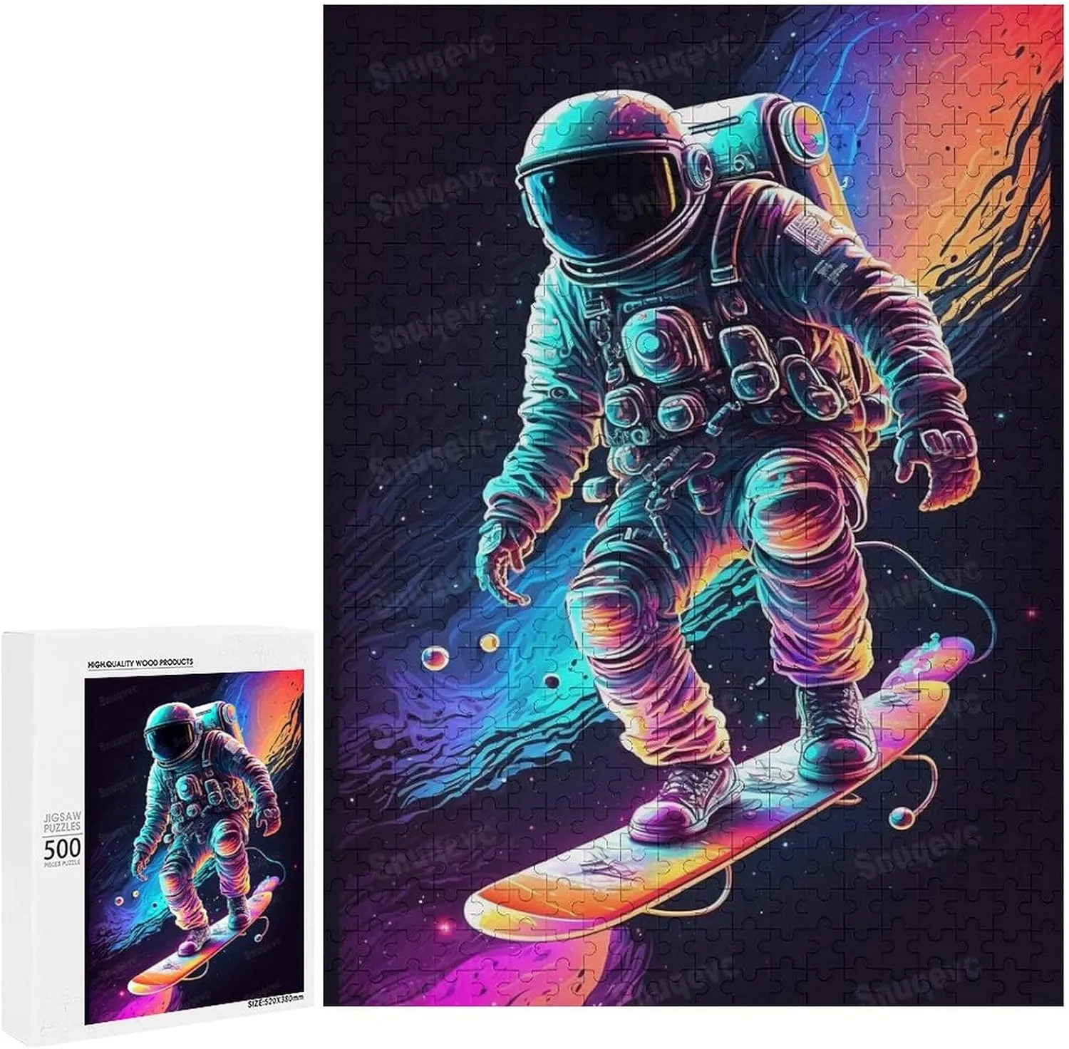 500 Pieces Skateboarding Astronaut Wooden Jigsaw Puzzle, Challenging and Fun Activity - Interesting and Warm Art Adult Puzzles - Modern Home Decor Ideal Gift