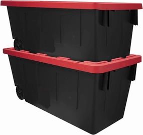 50 Gallon Snap Lid Wheeled Plastic Storage Tote, Black Base/Red Lid, Set of 2