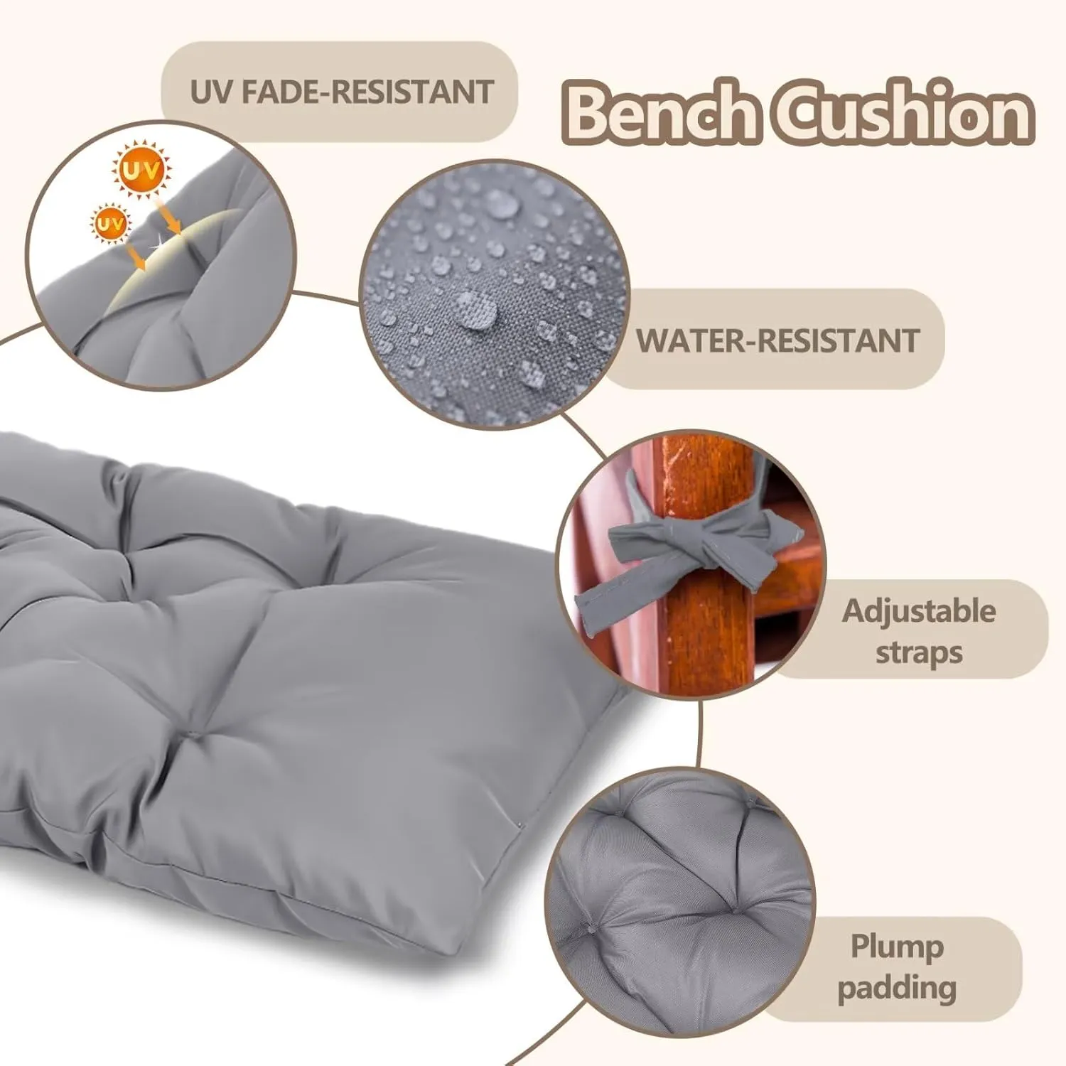 59 inch Indoor/Outdoor Bench Cushion, Swing Cushion,2/3 seat Thick Outdoor Garden Bench Seat Cushion Backrest Waterproof Bench Pad (59 X 19.10 in,Light Grey)
