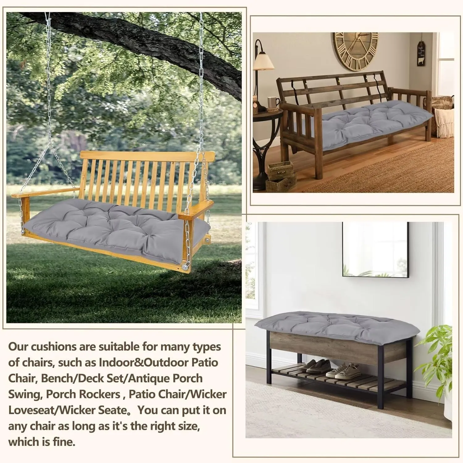 59 inch Indoor/Outdoor Bench Cushion, Swing Cushion,2/3 seat Thick Outdoor Garden Bench Seat Cushion Backrest Waterproof Bench Pad (59 X 19.10 in,Light Grey)