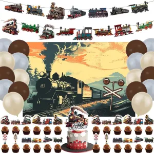 59 Pcs Retro Train Party Supplies, Steam Train Themed Party Decoration Train Backdrop Balloons Cake Cupcake Topper for Train Transportation Birthday Party Decor
