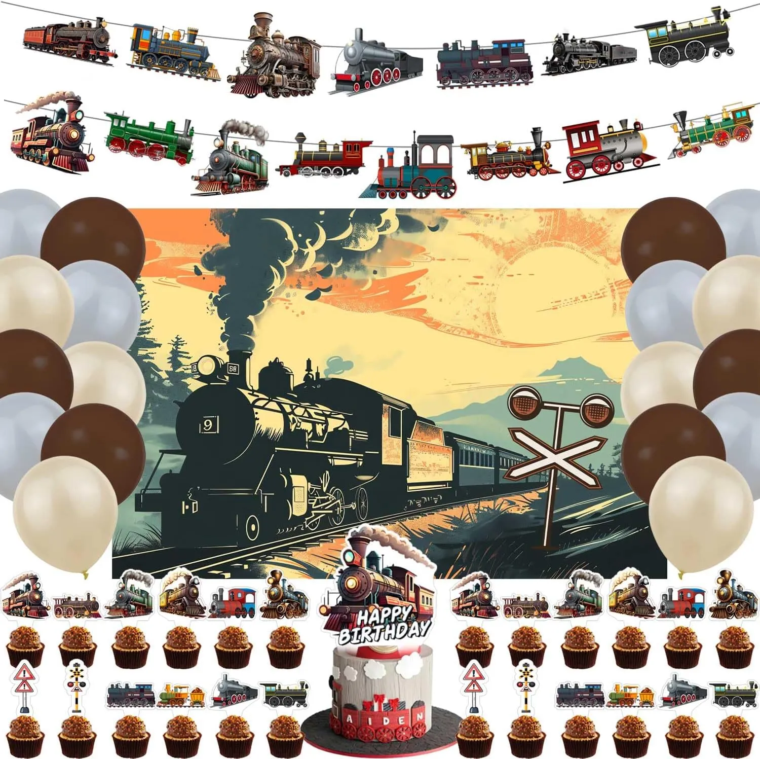 59 Pcs Retro Train Party Supplies, Steam Train Themed Party Decoration Train Backdrop Balloons Cake Cupcake Topper for Train Transportation Birthday Party Decor