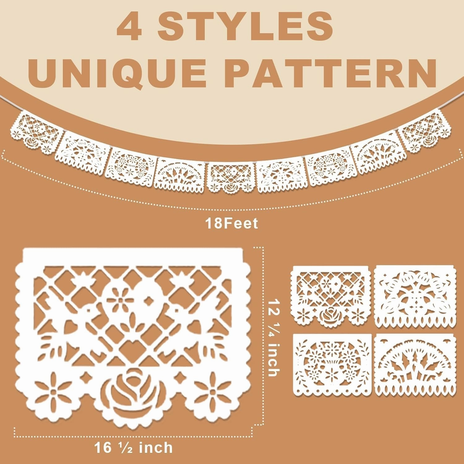 5 Pack White Papel Picado Banner, Cinco De Mayo Plastic Mexican Party Banner Wedding Fiesta Party Decoration May 5 Mexican Themed Party Decor, Mexico Birthday Party Supplies - 4 Patterns/90Ft