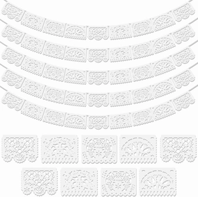 5 Pack White Papel Picado Banner, Cinco De Mayo Plastic Mexican Party Banner Wedding Fiesta Party Decoration May 5 Mexican Themed Party Decor, Mexico Birthday Party Supplies - 4 Patterns/90Ft