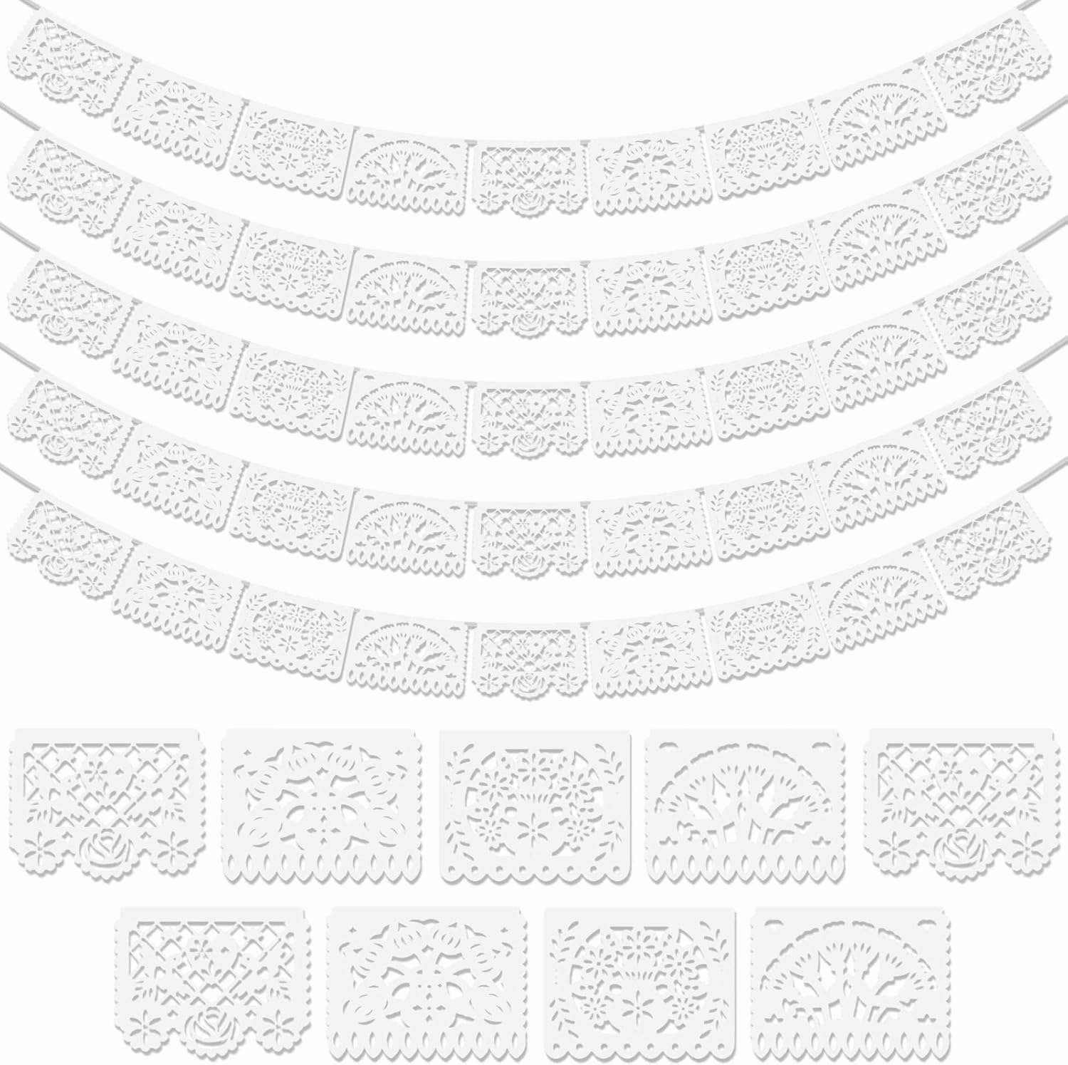 5 Pack White Papel Picado Banner, Cinco De Mayo Plastic Mexican Party Banner Wedding Fiesta Party Decoration May 5 Mexican Themed Party Decor, Mexico Birthday Party Supplies - 4 Patterns/90Ft