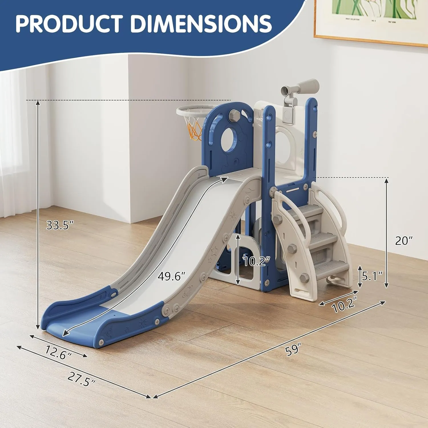 6 in 1 Indoor Slide for Toddler 1-3 Age - Freestanding Baby Slide, Outdoor Playground Kids Slide, Toddler Playset with Climber Slider, Basketball Hoop, Telescope, Storage Area and Hiding, White&Blue