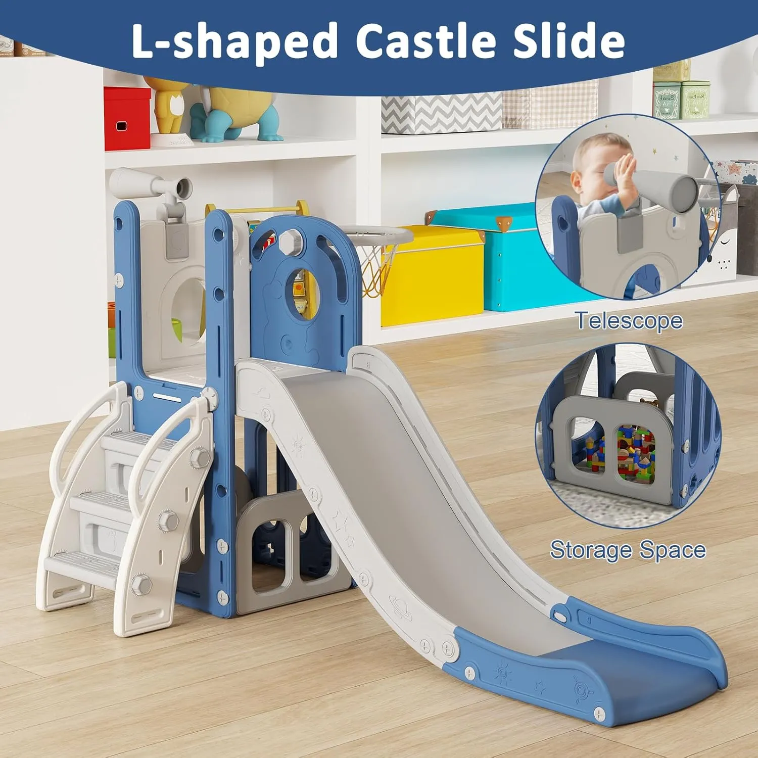 6 in 1 Indoor Slide for Toddler 1-3 Age - Freestanding Baby Slide, Outdoor Playground Kids Slide, Toddler Playset with Climber Slider, Basketball Hoop, Telescope, Storage Area and Hiding, White&Blue