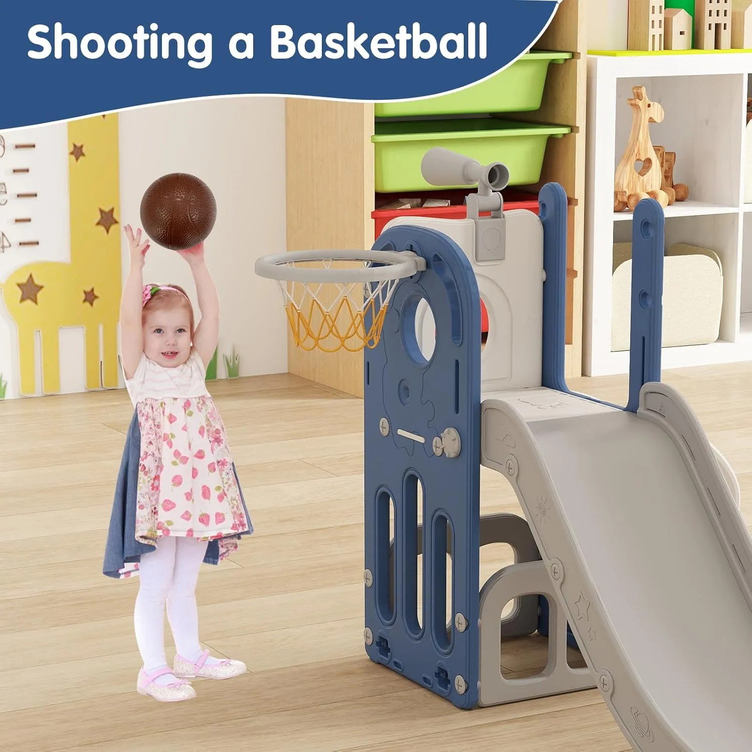6 in 1 Indoor Slide for Toddler 1-3 Age - Freestanding Baby Slide, Outdoor Playground Kids Slide, Toddler Playset with Climber Slider, Basketball Hoop, Telescope, Storage Area and Hiding, White&Blue