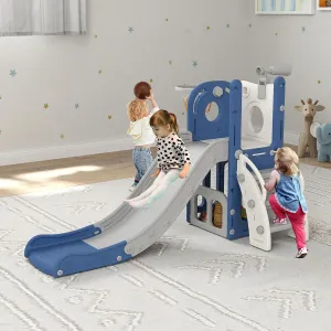 6 in 1 Indoor Slide for Toddler 1-3 Age - Freestanding Baby Slide, Outdoor Playground Kids Slide, Toddler Playset with Climber Slider, Basketball Hoop, Telescope, Storage Area and Hiding, White&Blue