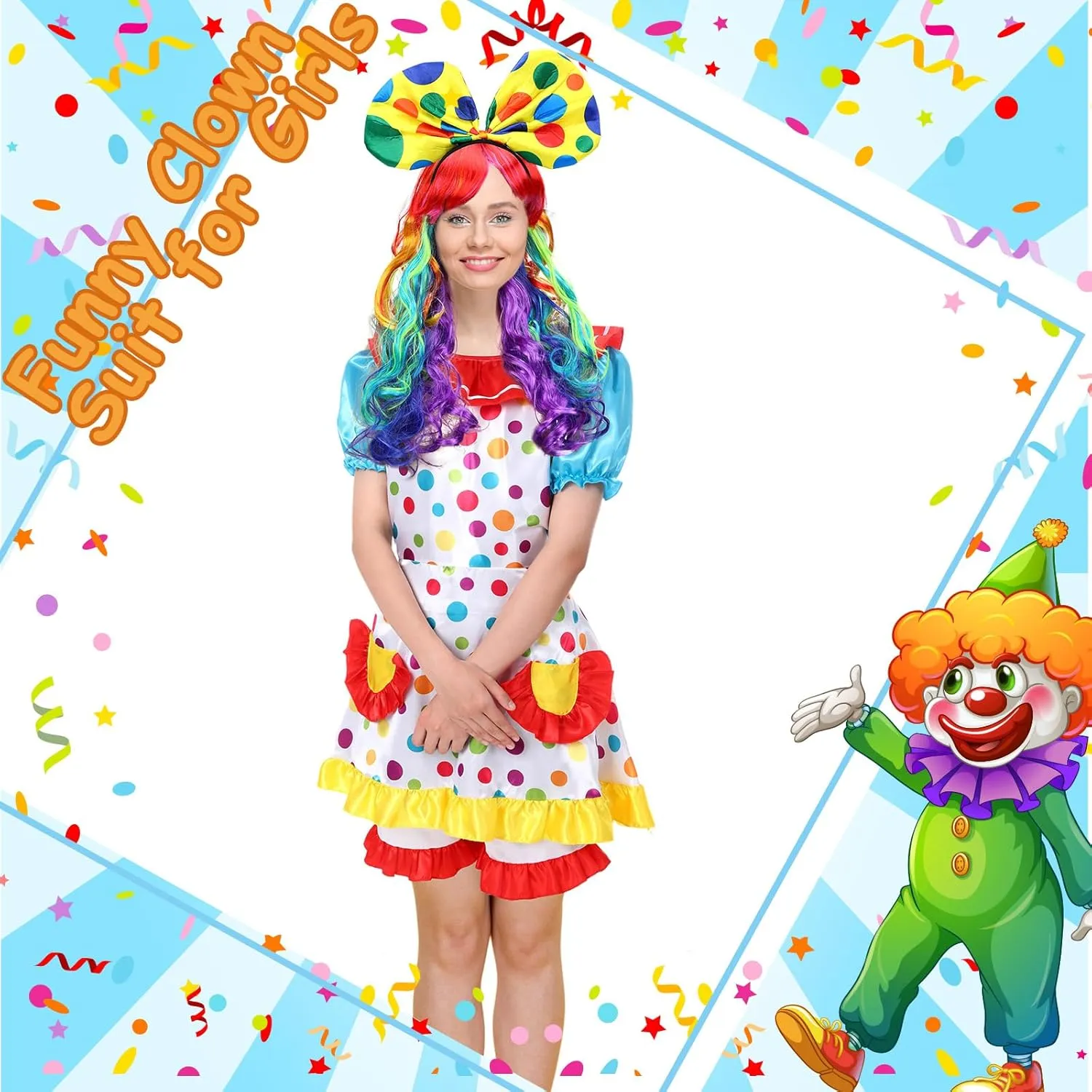 6 Pcs Clown Costume Set Women Circus Dress Rainbow Clown Wig Headband Nose Shorts Gloves for Halloween cosplay